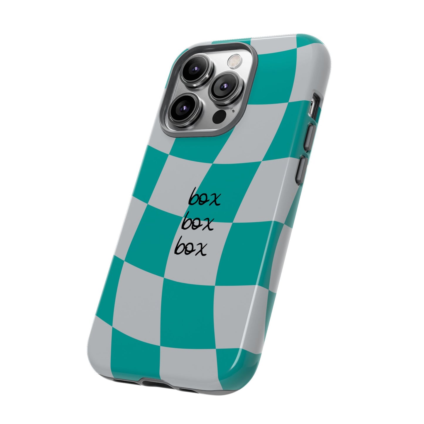 Mercedes Teal and Grey Checkered F1 Phone Case, Box Box Box F1 Phone Case