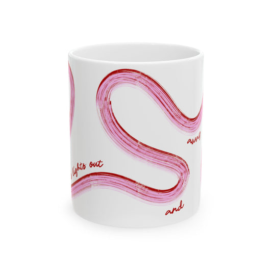 Pink and Red Painted It's Lights Out and Away We Go Mug, Unique Gift for Coffee Lovers, Whimsical Formula 1 Gift