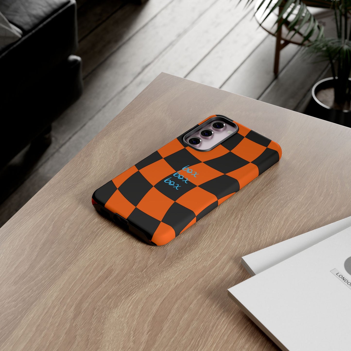 McLaren Orange and Black Checkered F1 Phone Case, Box Box Box F1 Phone Case