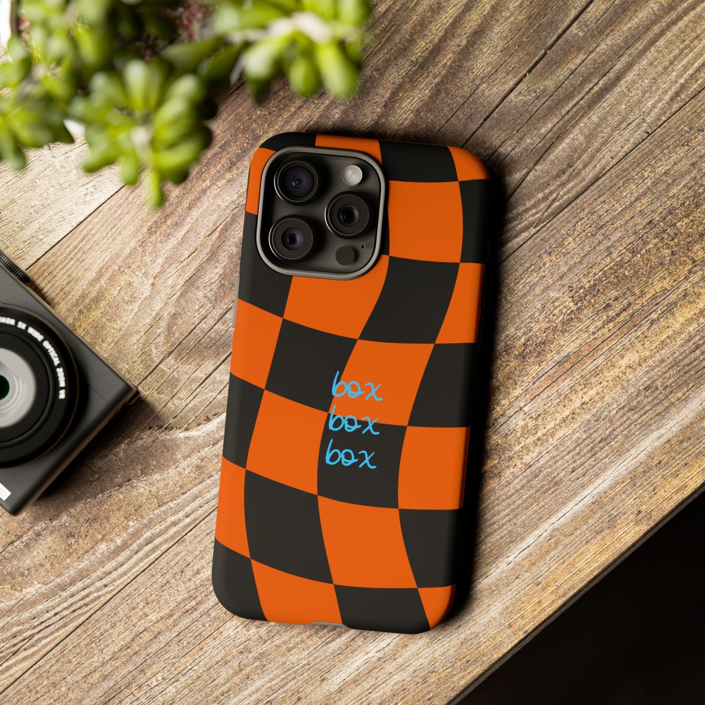 McLaren Orange and Black Checkered F1 Phone Case, Box Box Box F1 Phone Case