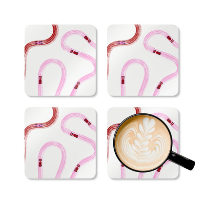 F1 Red and Pink Corkwood Coaster Set of 4 | Formula 1 Coaster Set