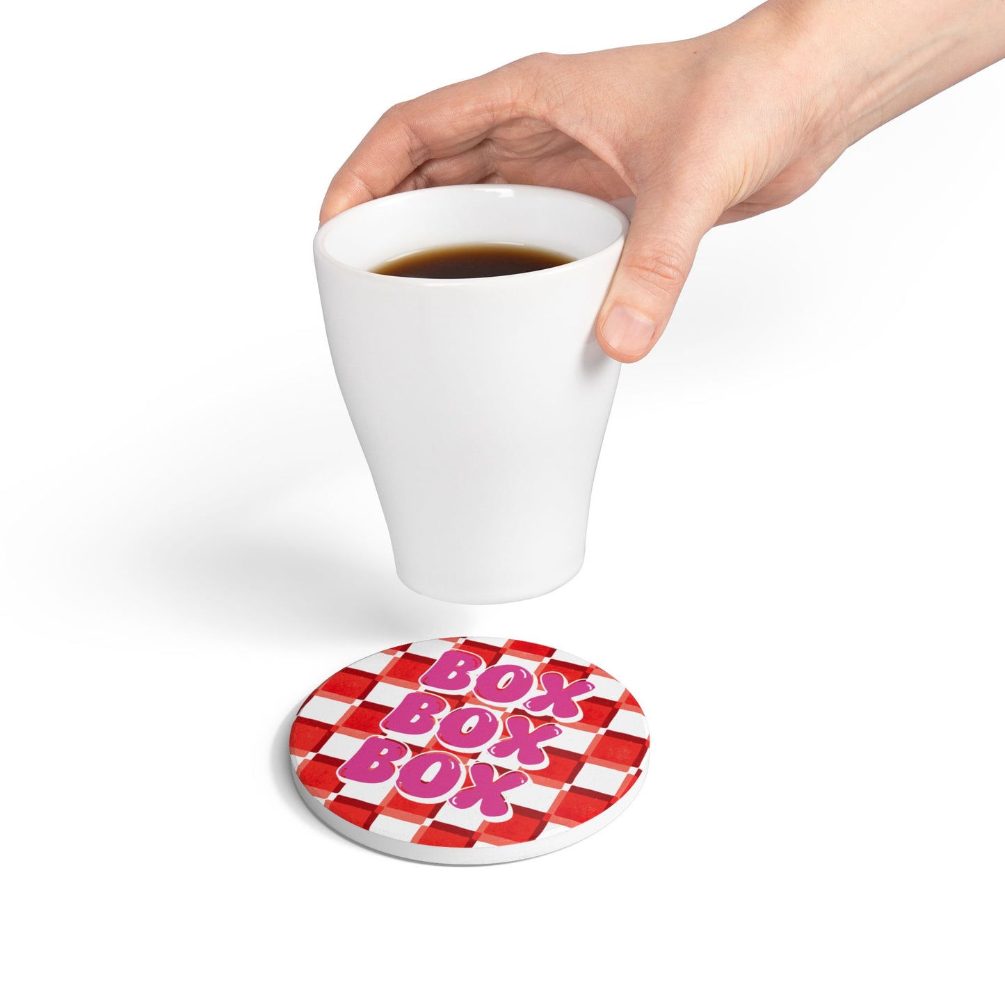F1 Red and Pink Checkered Ceramic Coaster | Curved Tracks with Tiny Cars