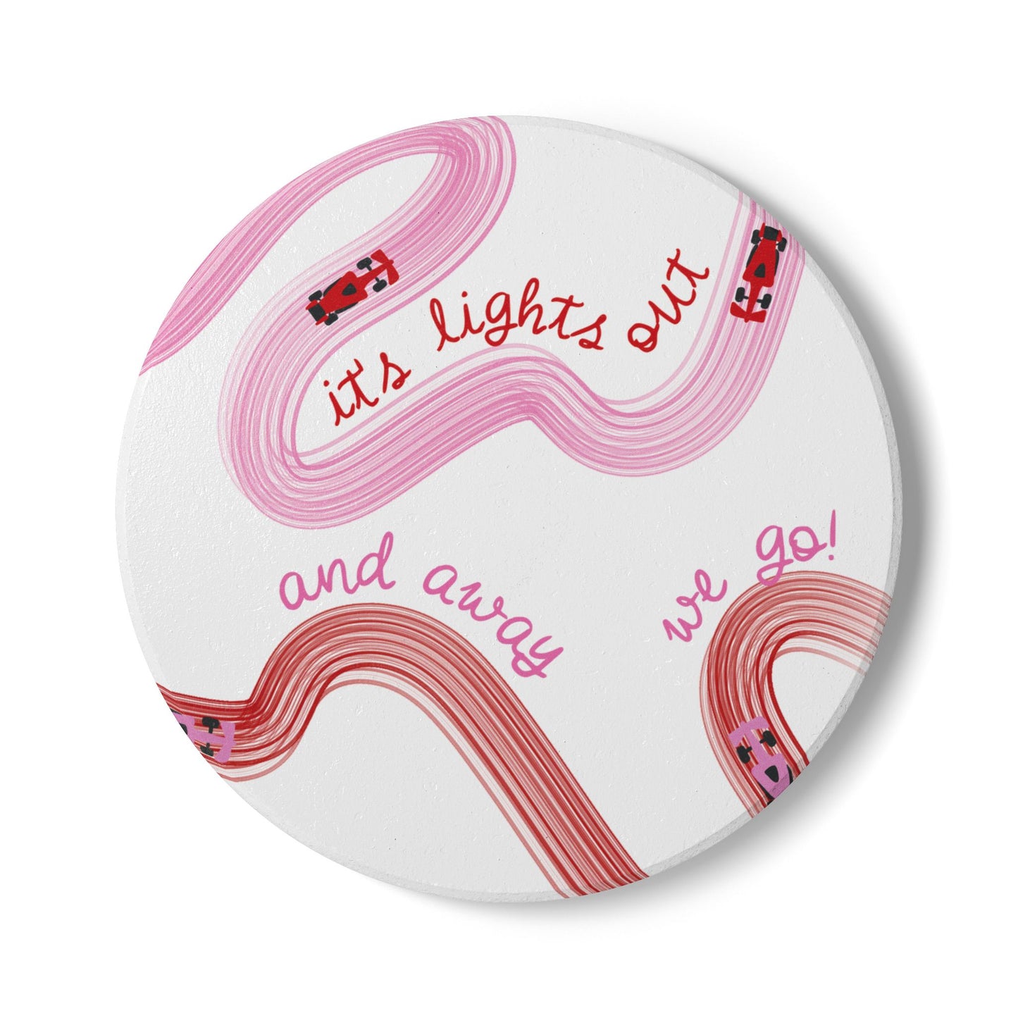 Red and Pink F1 Ceramic Coaster | Curved Tracks with Tiny Cars