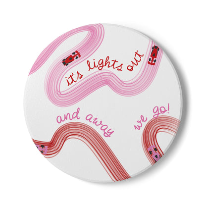 Red and Pink F1 Ceramic Coaster | Curved Tracks with Tiny Cars