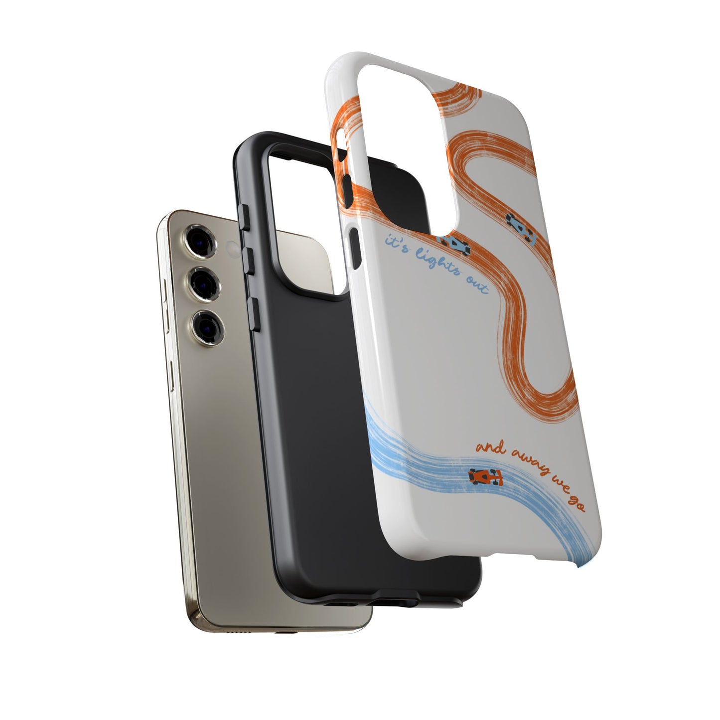 McLaren F1 Phone Case Orange and Blue Painted "its lights out and away we go", Trendy F1 Gift, Formula 1 Gift, Cute F1 Phone Case