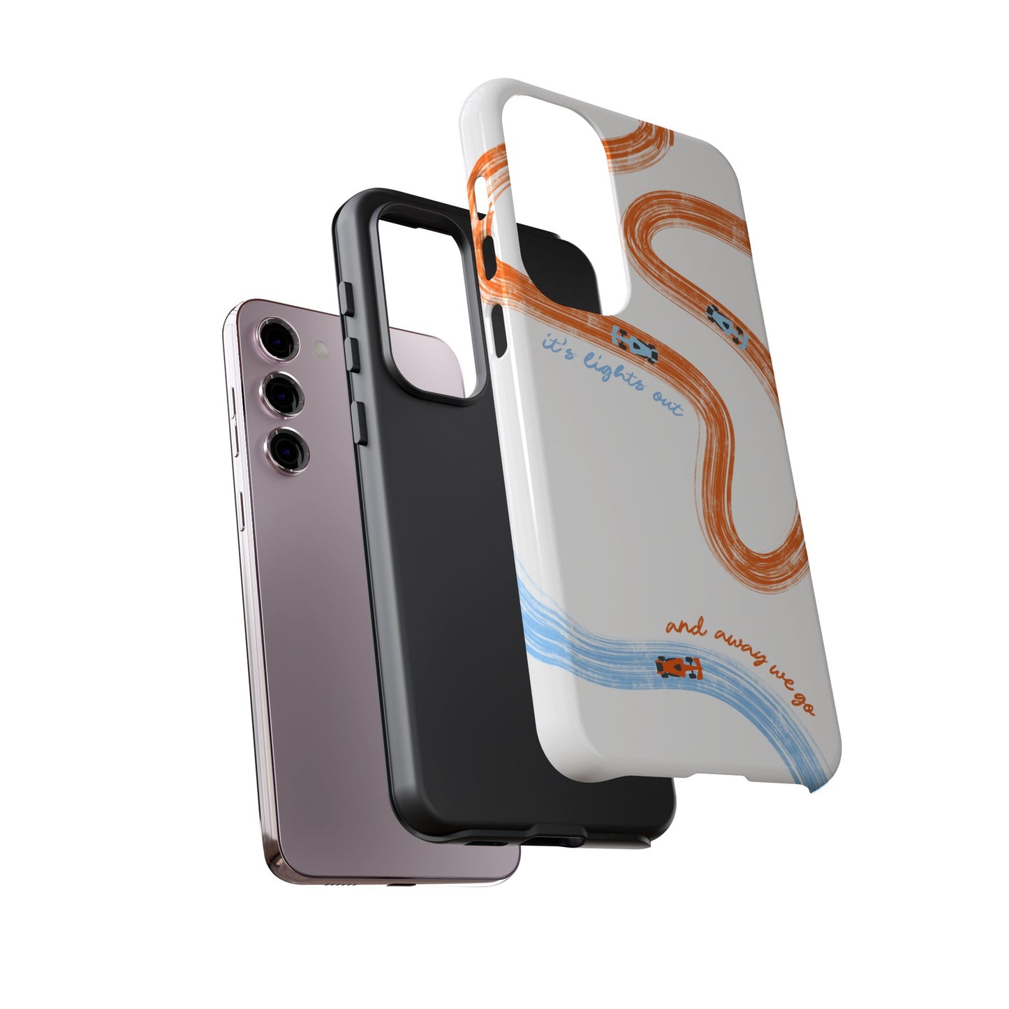 McLaren F1 Phone Case Orange and Blue Painted "its lights out and away we go", Trendy F1 Gift, Formula 1 Gift, Cute F1 Phone Case
