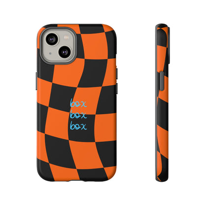 McLaren Orange and Black Checkered F1 Phone Case, Box Box Box F1 Phone Case