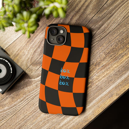 McLaren Orange and Black Checkered F1 Phone Case, Box Box Box F1 Phone Case