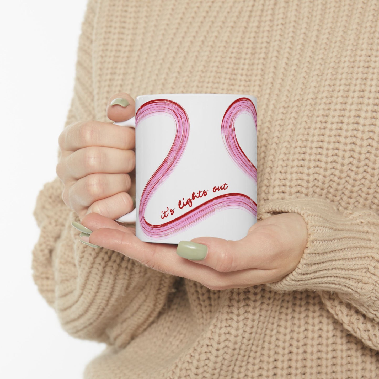 Pink and Red Painted It's Lights Out and Away We Go Mug, Unique Gift for Coffee Lovers, Whimsical Formula 1 Gift
