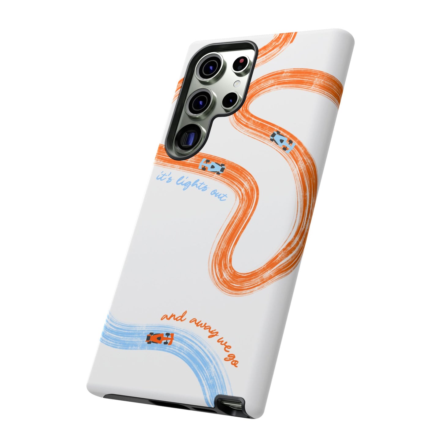 McLaren F1 Phone Case Orange and Blue Painted "its lights out and away we go", Trendy F1 Gift, Formula 1 Gift, Cute F1 Phone Case