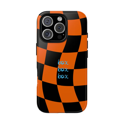 McLaren Orange and Black Checkered F1 Phone Case, Box Box Box F1 Phone Case