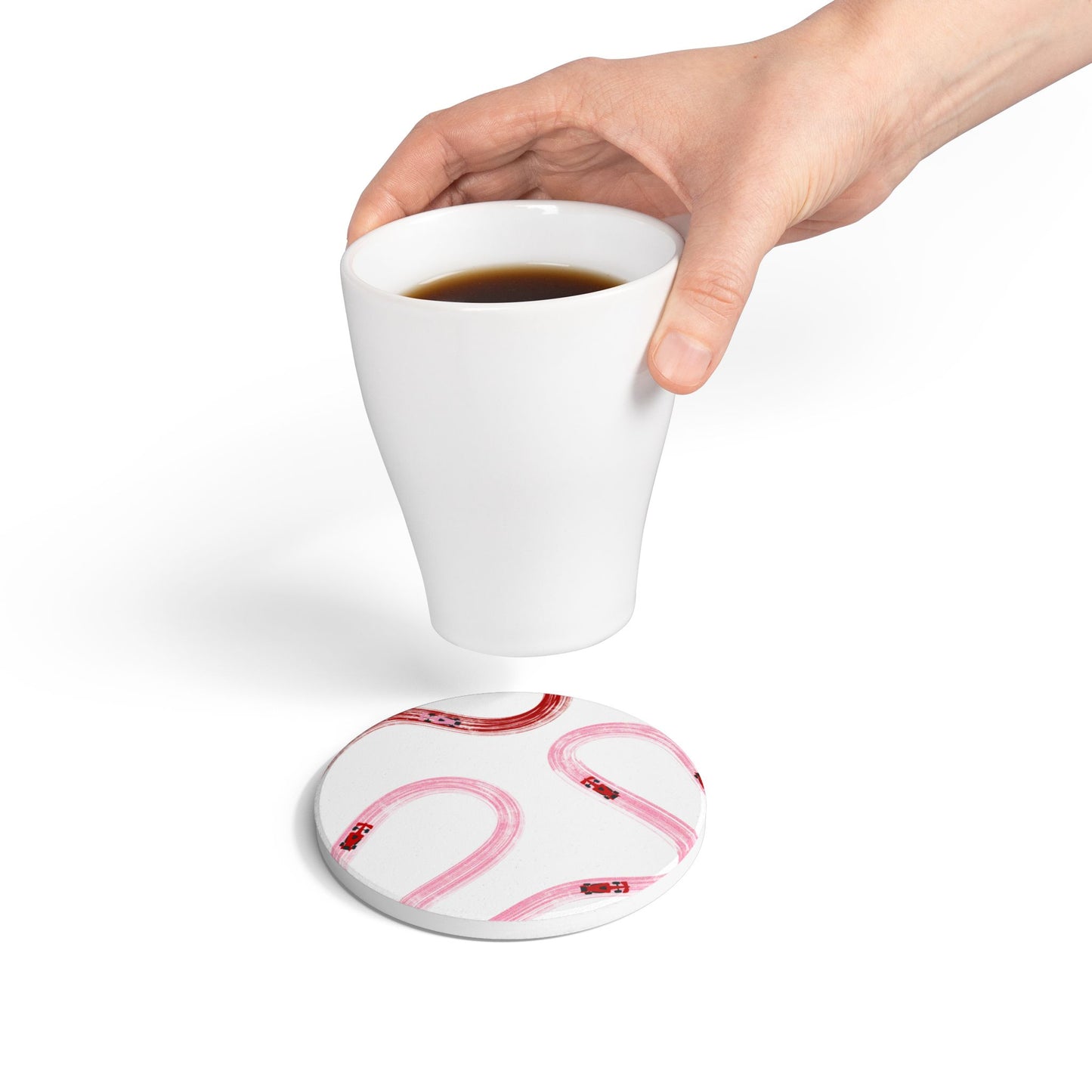 Pink and Red Racing Cars Track Illustration Ceramic Coaster | Pink Curved Tracks with Tiny Cars