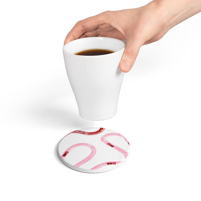 Pink and Red Racing Cars Track Illustration Ceramic Coaster | Pink Curved Tracks with Tiny Cars