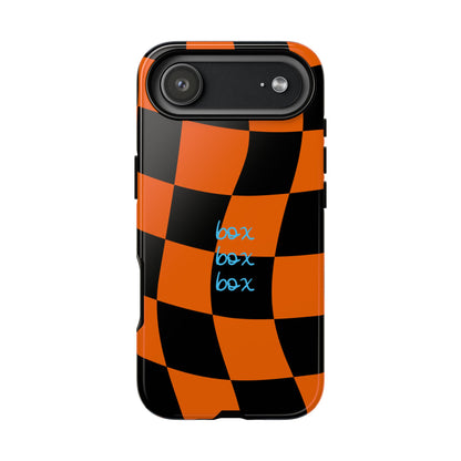 McLaren Orange and Black Checkered F1 Phone Case, Box Box Box F1 Phone Case