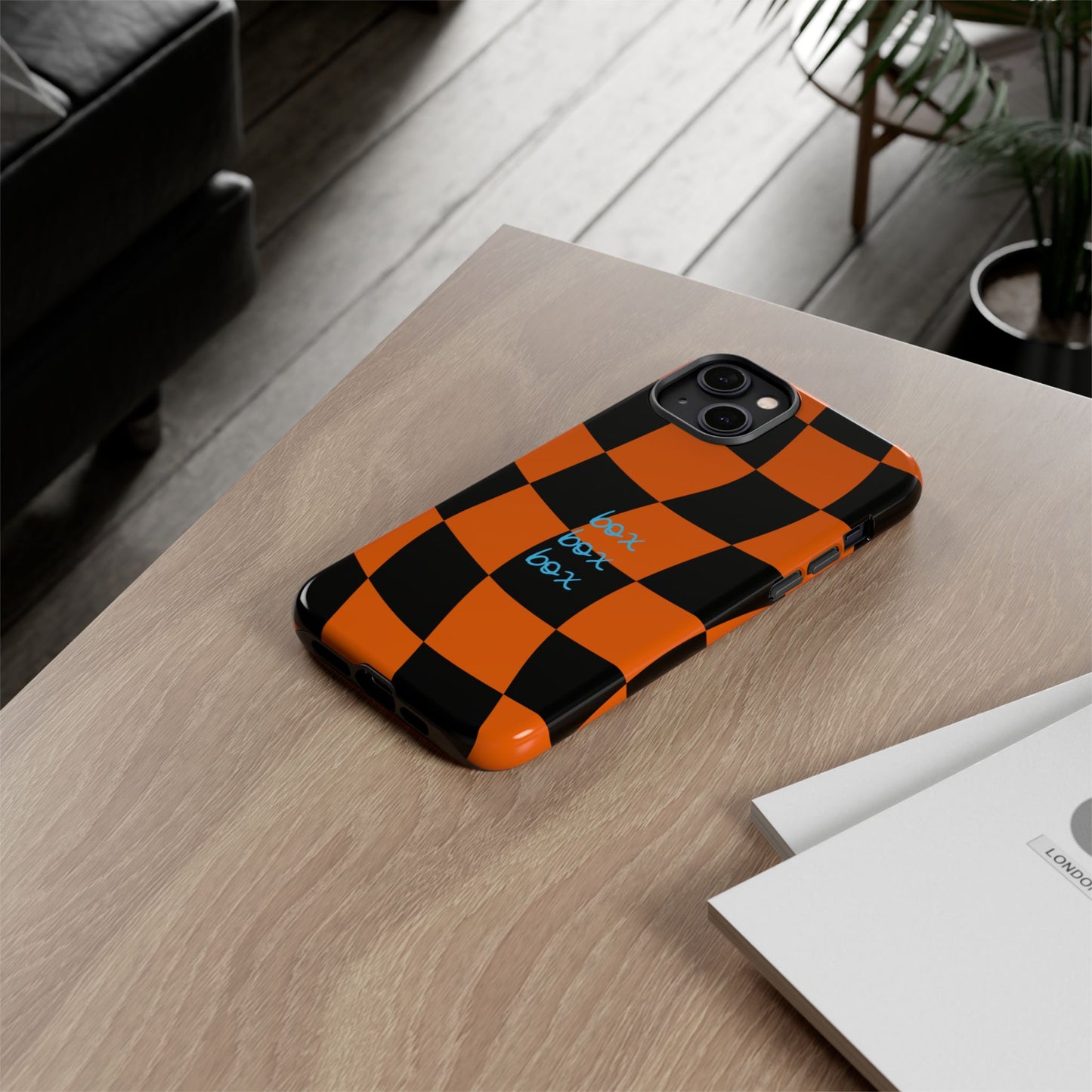 McLaren Orange and Black Checkered F1 Phone Case, Box Box Box F1 Phone Case