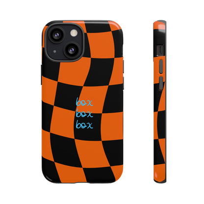 McLaren Orange and Black Checkered F1 Phone Case, Box Box Box F1 Phone Case