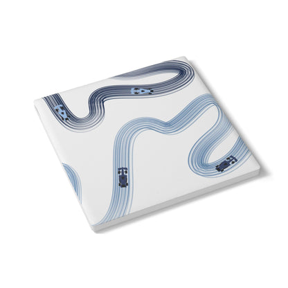 Blue Racing Cars Track Illustration Ceramic Coaster | Curved Tracks with Tiny Cars