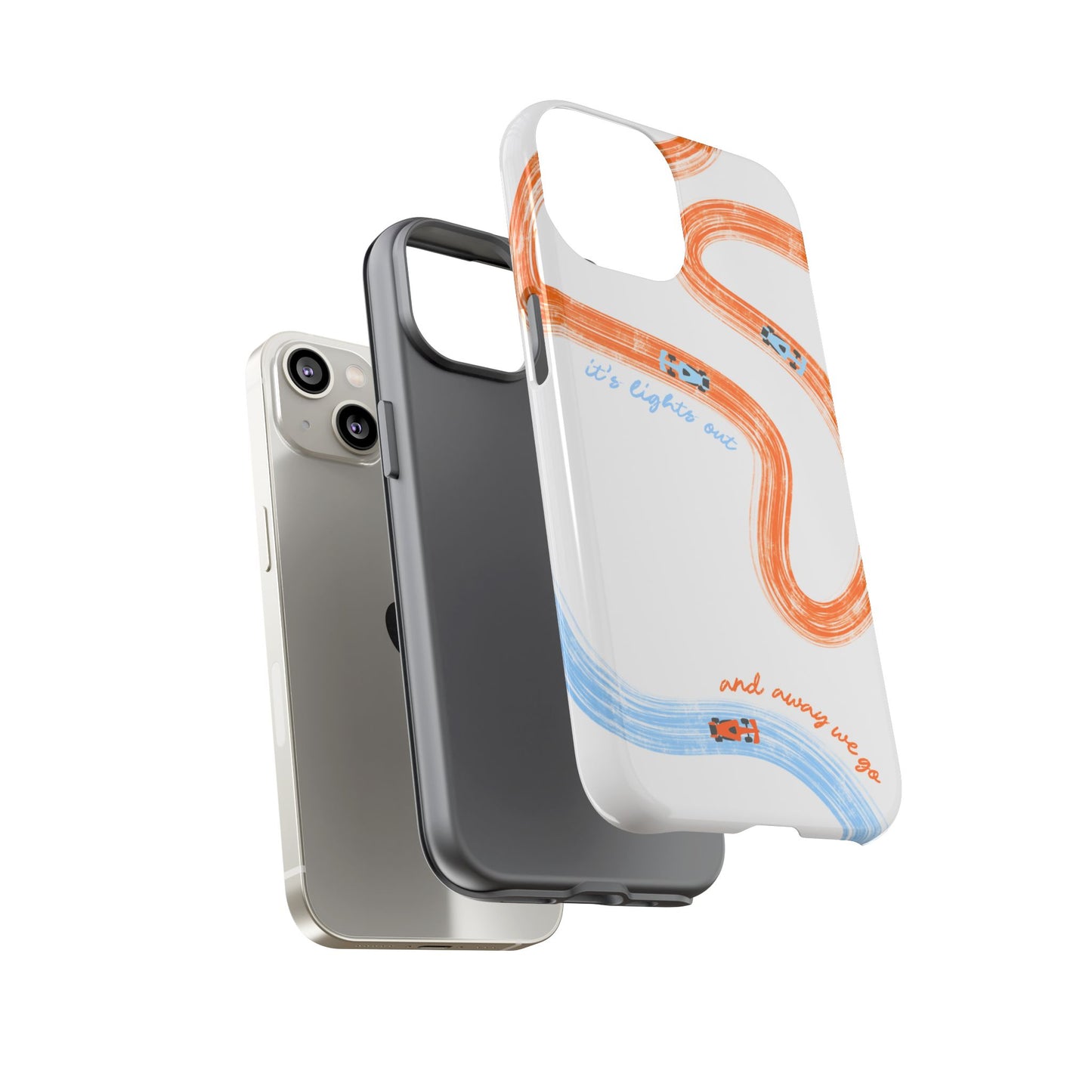 McLaren F1 Phone Case Orange and Blue Painted "its lights out and away we go", Trendy F1 Gift, Formula 1 Gift, Cute F1 Phone Case