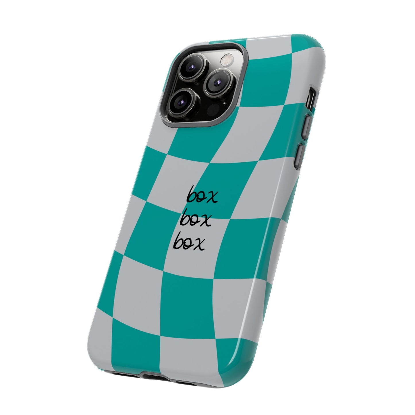 Mercedes Teal and Grey Checkered F1 Phone Case, Box Box Box F1 Phone Case