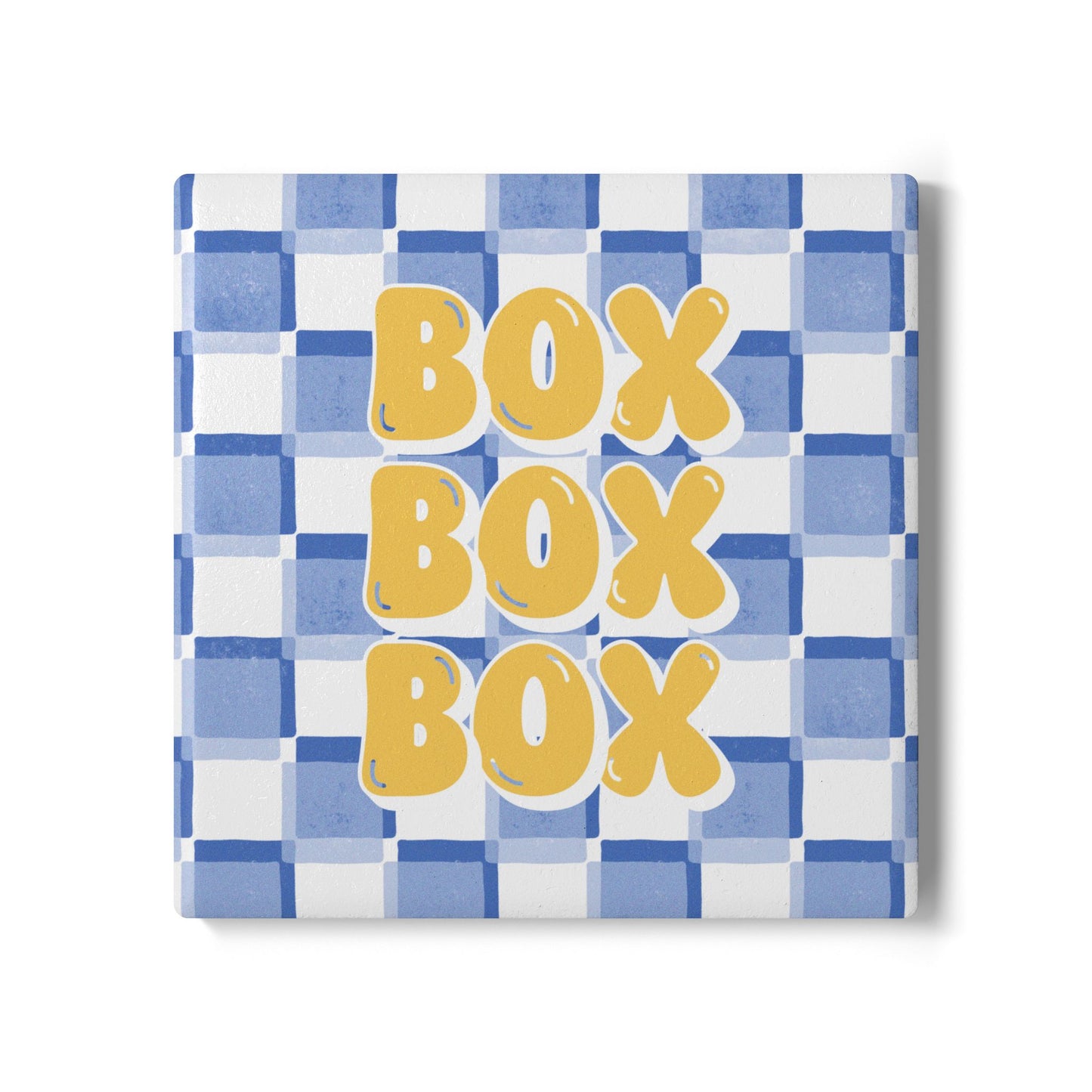 F1 Racing Bulls Blue and Yellow Checkered Ceramic Coaster | Curved Tracks with Tiny Cars