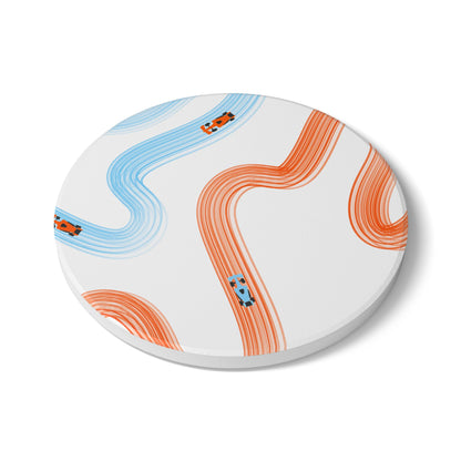 McLaren Orange and Blue Racing Cars Track Illustration Ceramic Coaster | Curved Tracks with Tiny Cars