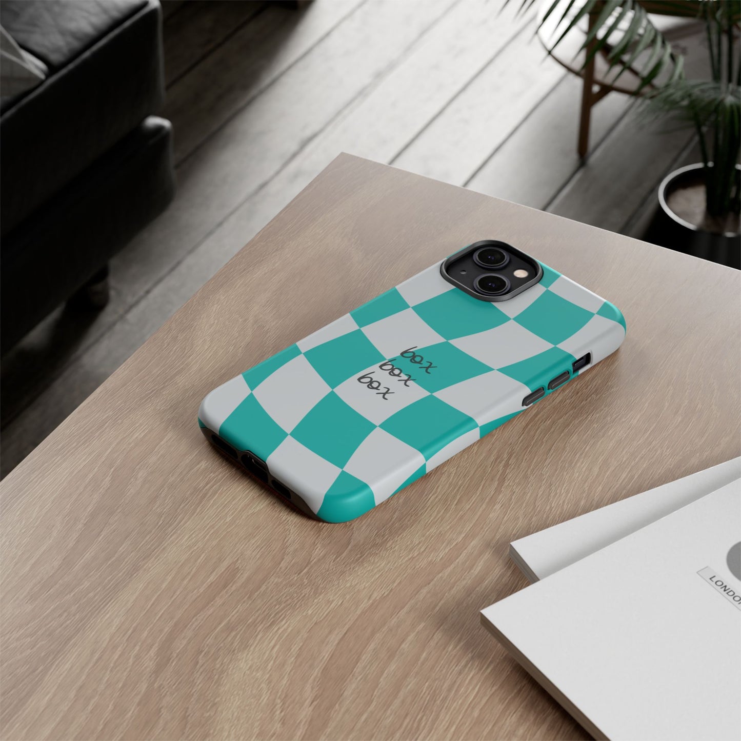 Mercedes Teal and Grey Checkered F1 Phone Case, Box Box Box F1 Phone Case