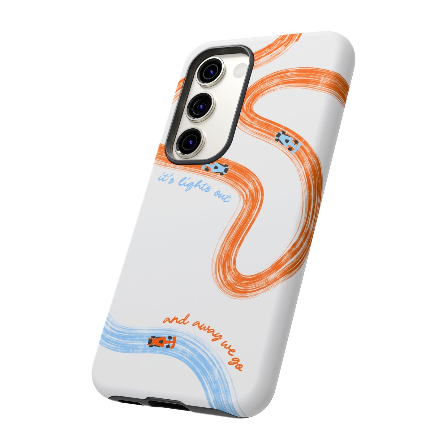 McLaren F1 Phone Case Orange and Blue Painted "its lights out and away we go", Trendy F1 Gift, Formula 1 Gift, Cute F1 Phone Case