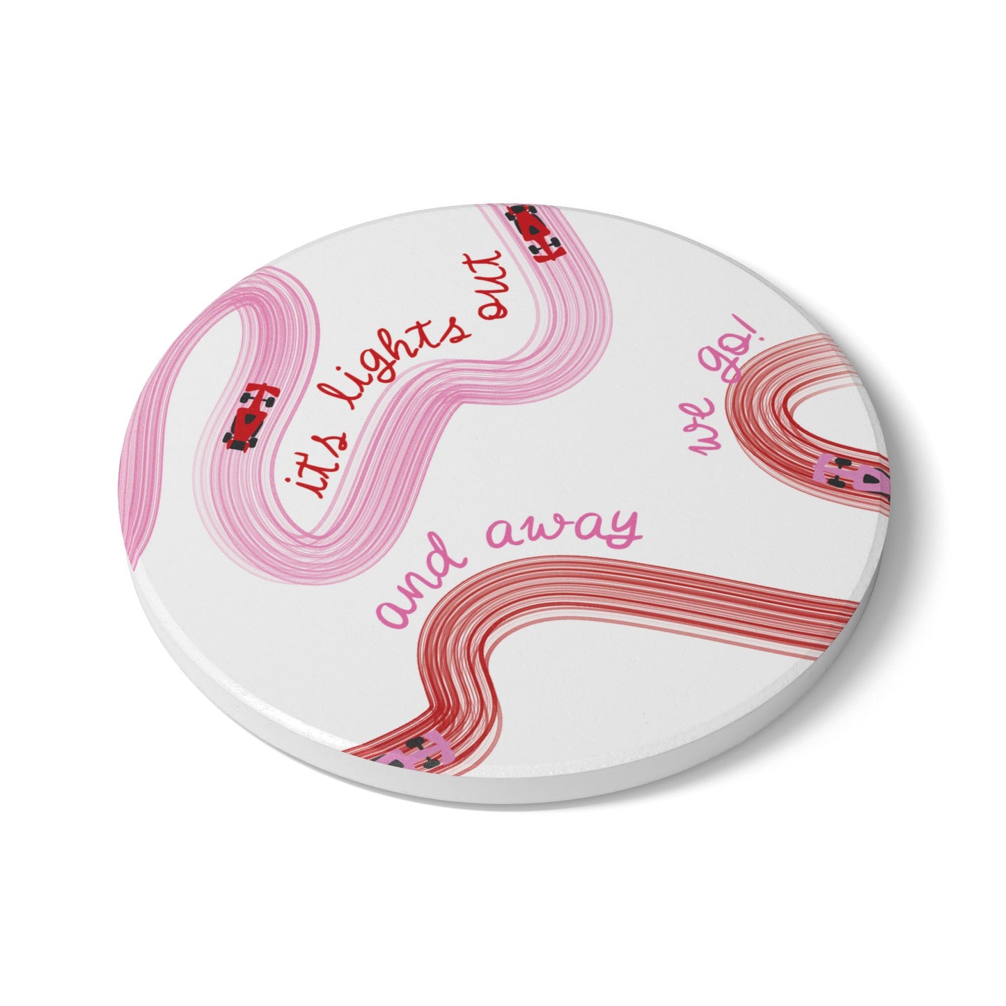Red and Pink F1 Ceramic Coaster | Curved Tracks with Tiny Cars