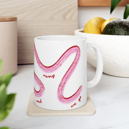 Pink and Red Painted It's Lights Out and Away We Go Mug, Unique Gift for Coffee Lovers, Whimsical Formula 1 Gift