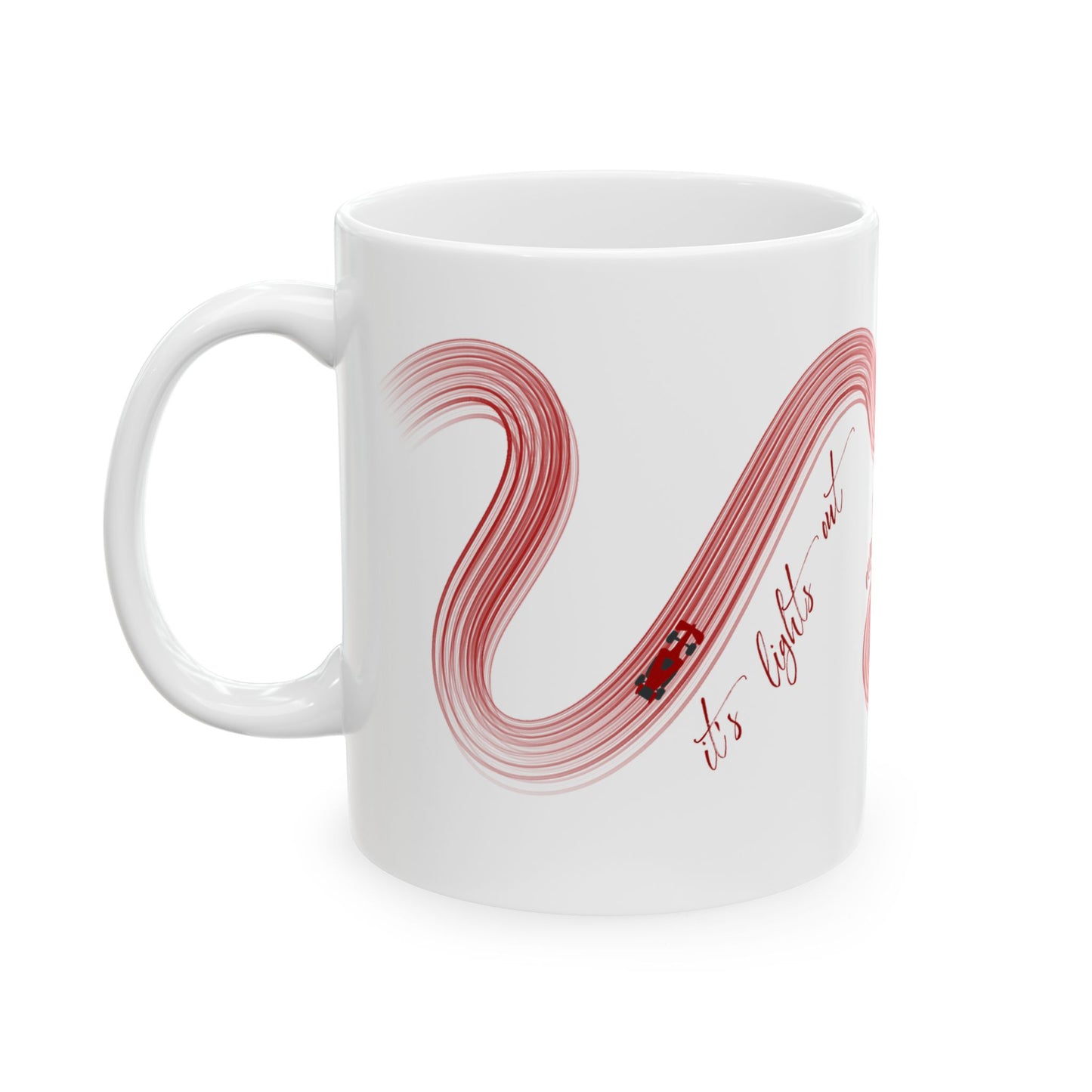 Red Painted F1  It's Lights Out and Away We Go Mug, Unique Gift for Coffee Lovers, Whimsical Formula 1 Gift