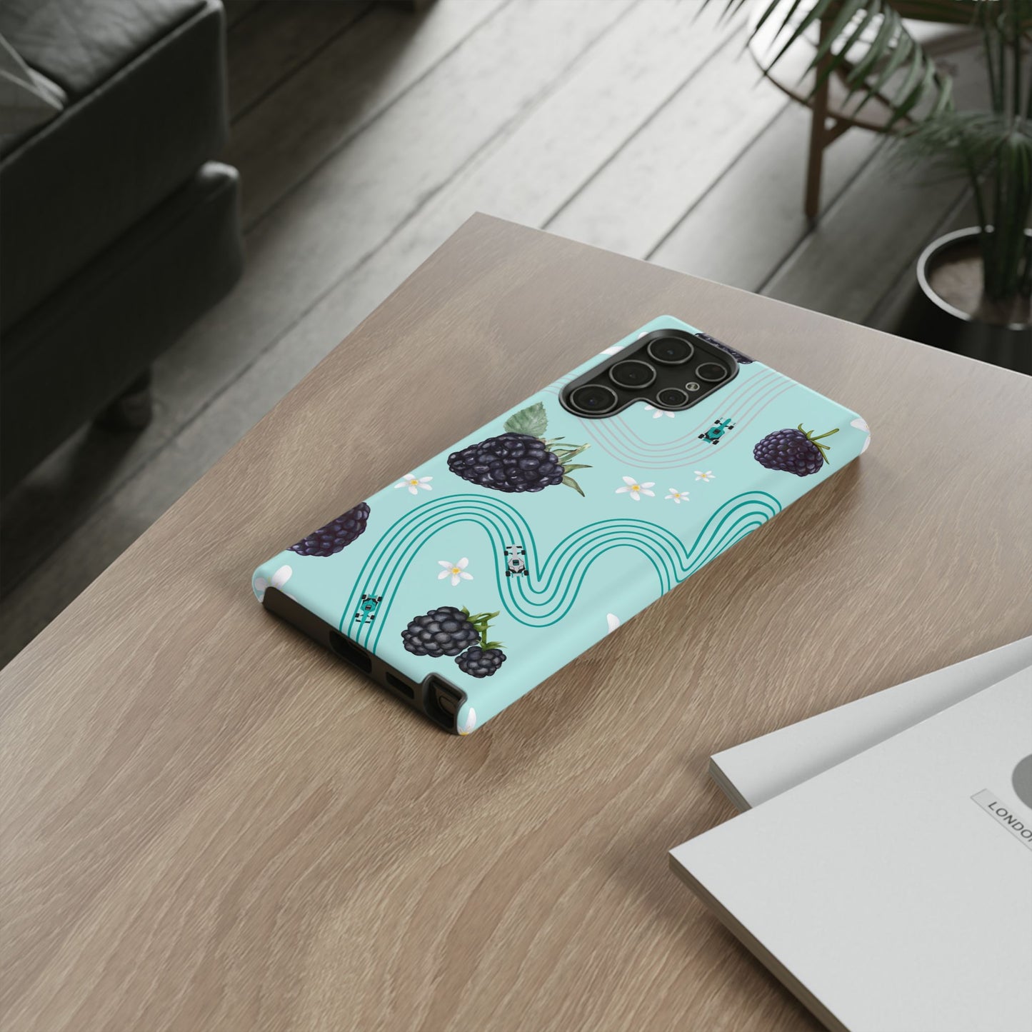 Teal F1 Mercedes and Blackberries Phone Case , Trendy F1 Gift, Formula 1 Gift, Cute Fruit F1 Phone Case, Unique Phone Case