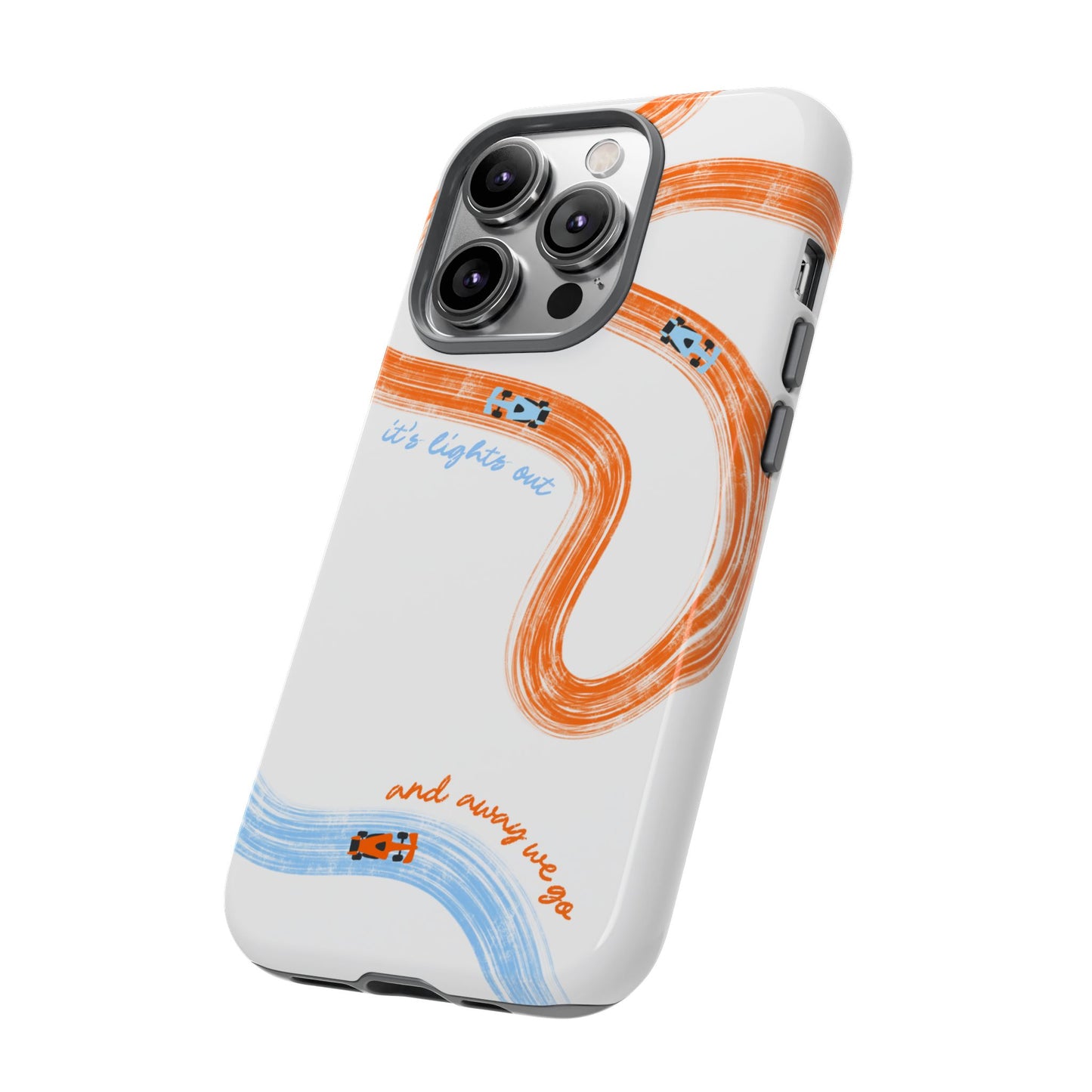McLaren F1 Phone Case Orange and Blue Painted "its lights out and away we go", Trendy F1 Gift, Formula 1 Gift, Cute F1 Phone Case