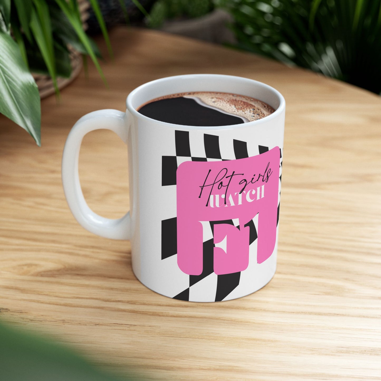 Pink Checkered F1 Mug, Hot Girls Watch F1 Mug