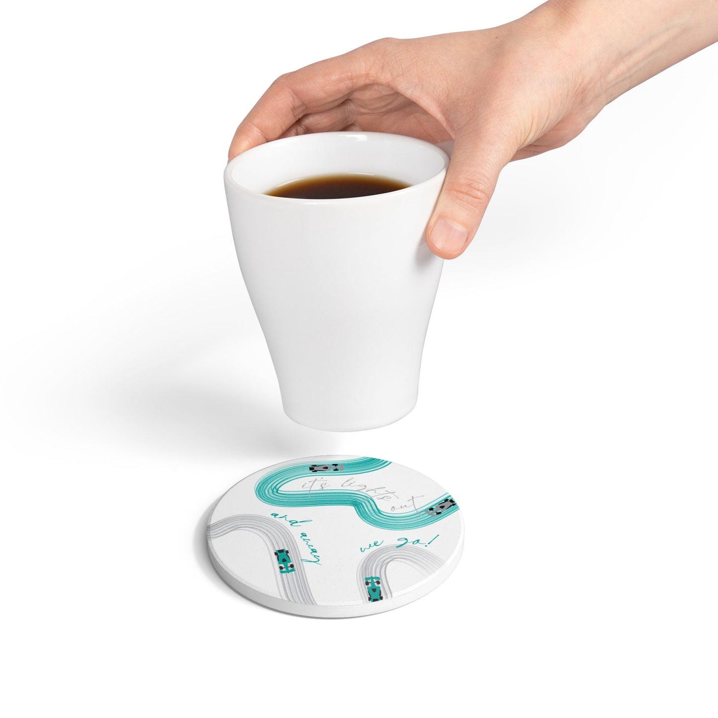 Mercedes Teal and Grey F1 Ceramic Coaster | Curved Tracks with Tiny Cars