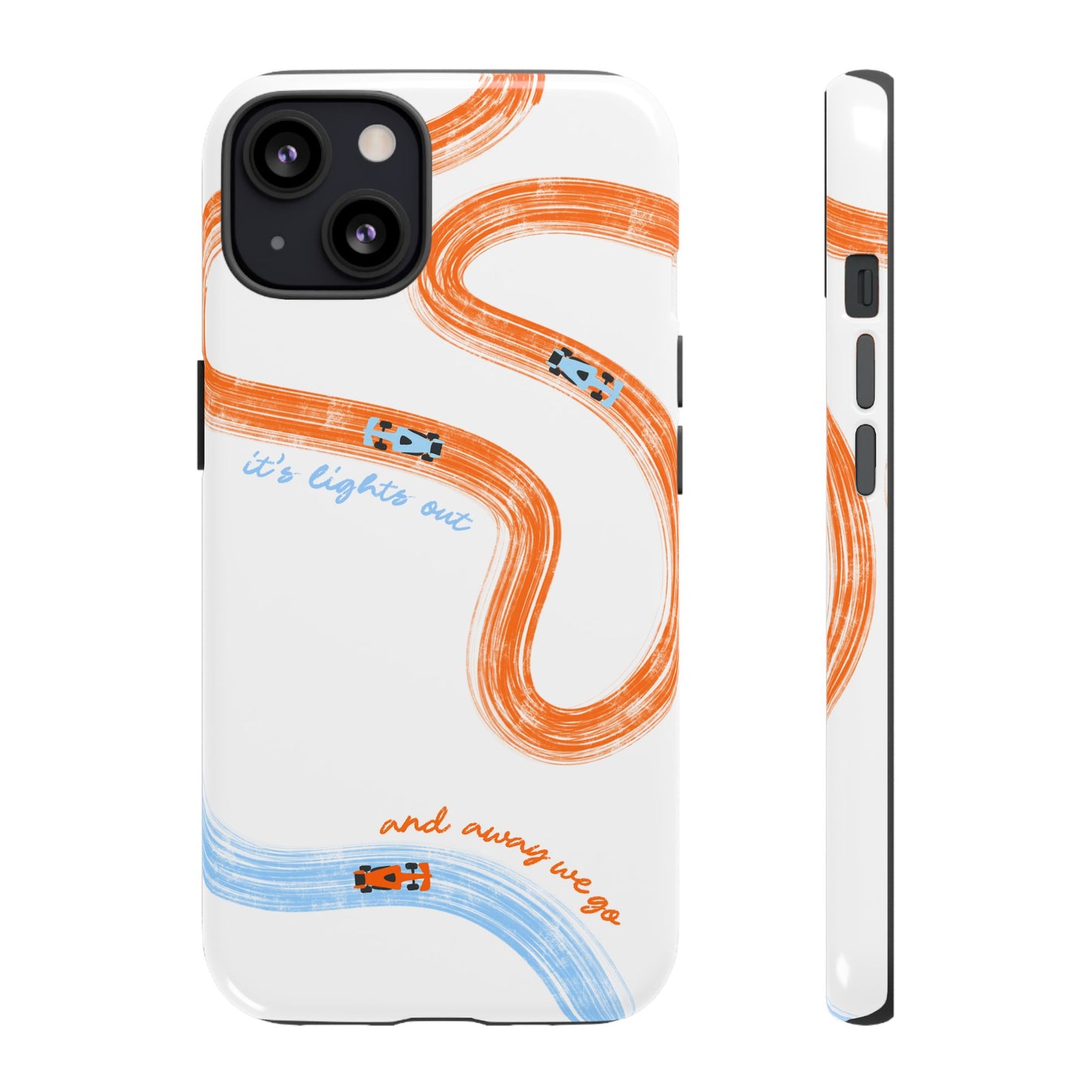 McLaren F1 Phone Case Orange and Blue Painted "its lights out and away we go", Trendy F1 Gift, Formula 1 Gift, Cute F1 Phone Case