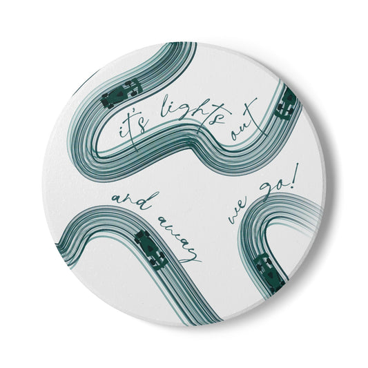 Green F1 Ceramic Coaster | Curved Tracks with Tiny Cars