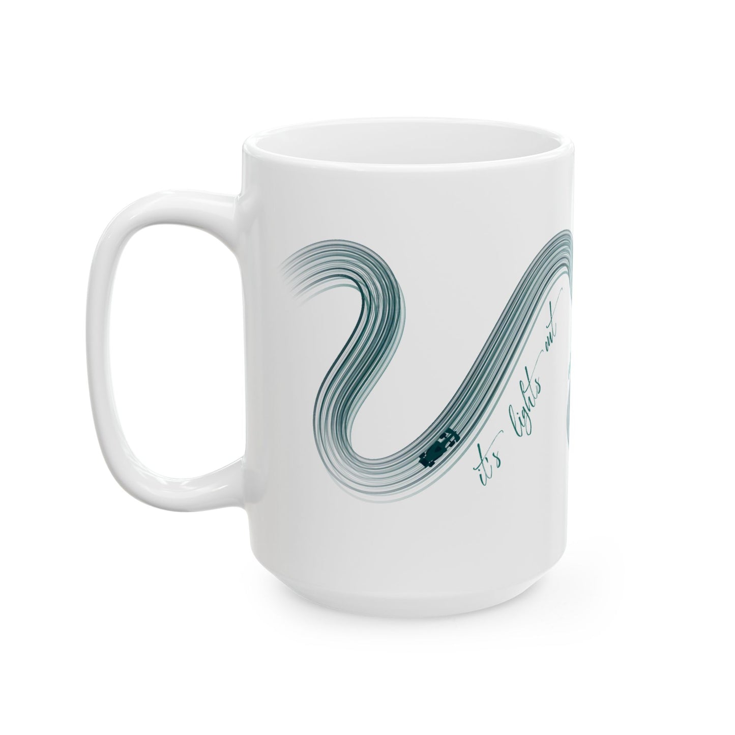 Green Painted F1  It's Lights Out and Away We Go Mug, Unique Gift for Coffee Lovers, Whimsical Formula 1 Gift