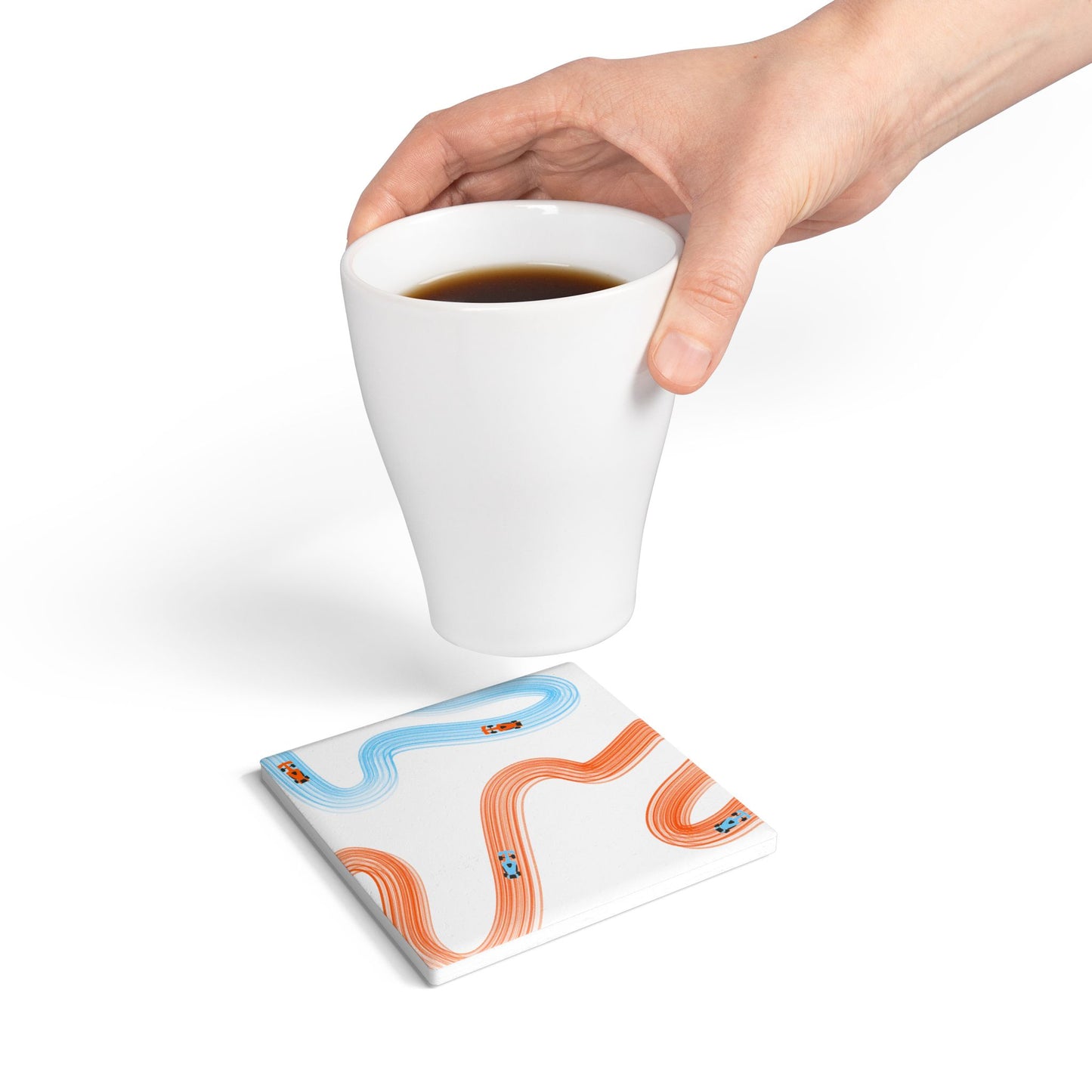 McLaren Orange and Blue Racing Cars Track Illustration Ceramic Coaster | Curved Tracks with Tiny Cars