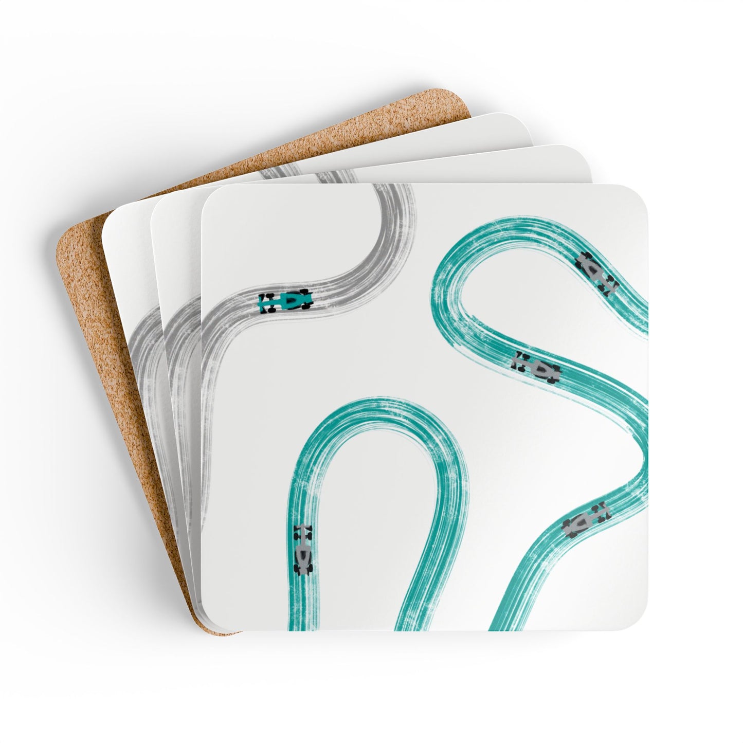 F1 Mercedes Teal and Silver Corkwood Coaster Set of 4 | Formula 1 Coaster Set