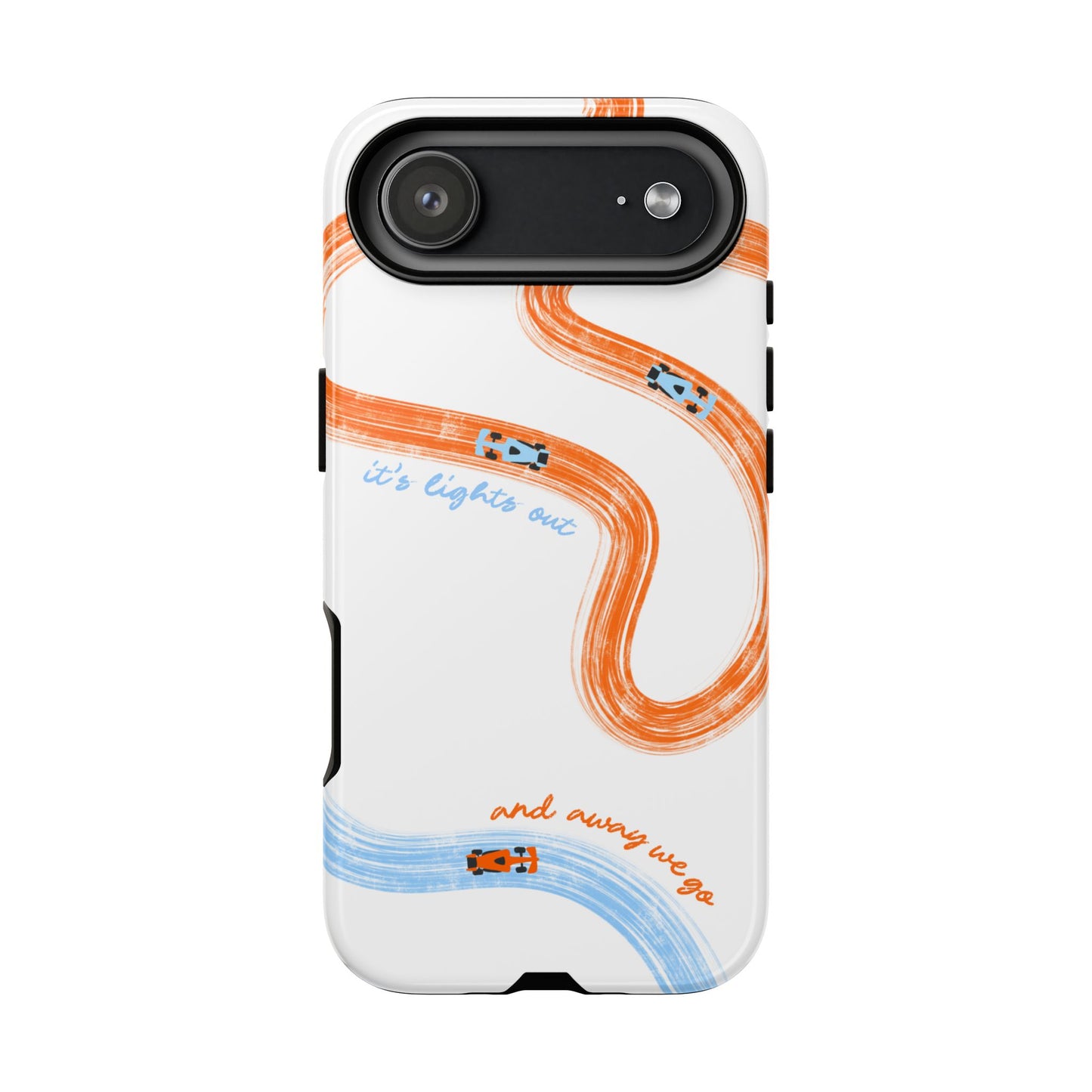 McLaren F1 Phone Case Orange and Blue Painted "its lights out and away we go", Trendy F1 Gift, Formula 1 Gift, Cute F1 Phone Case