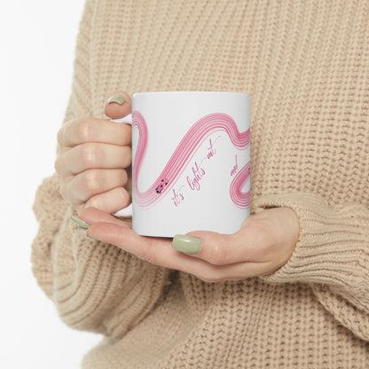 Pink Painted F1  It's Lights Out and Away We Go Mug, Unique Gift for Coffee Lovers, Whimsical Formula 1 Gift