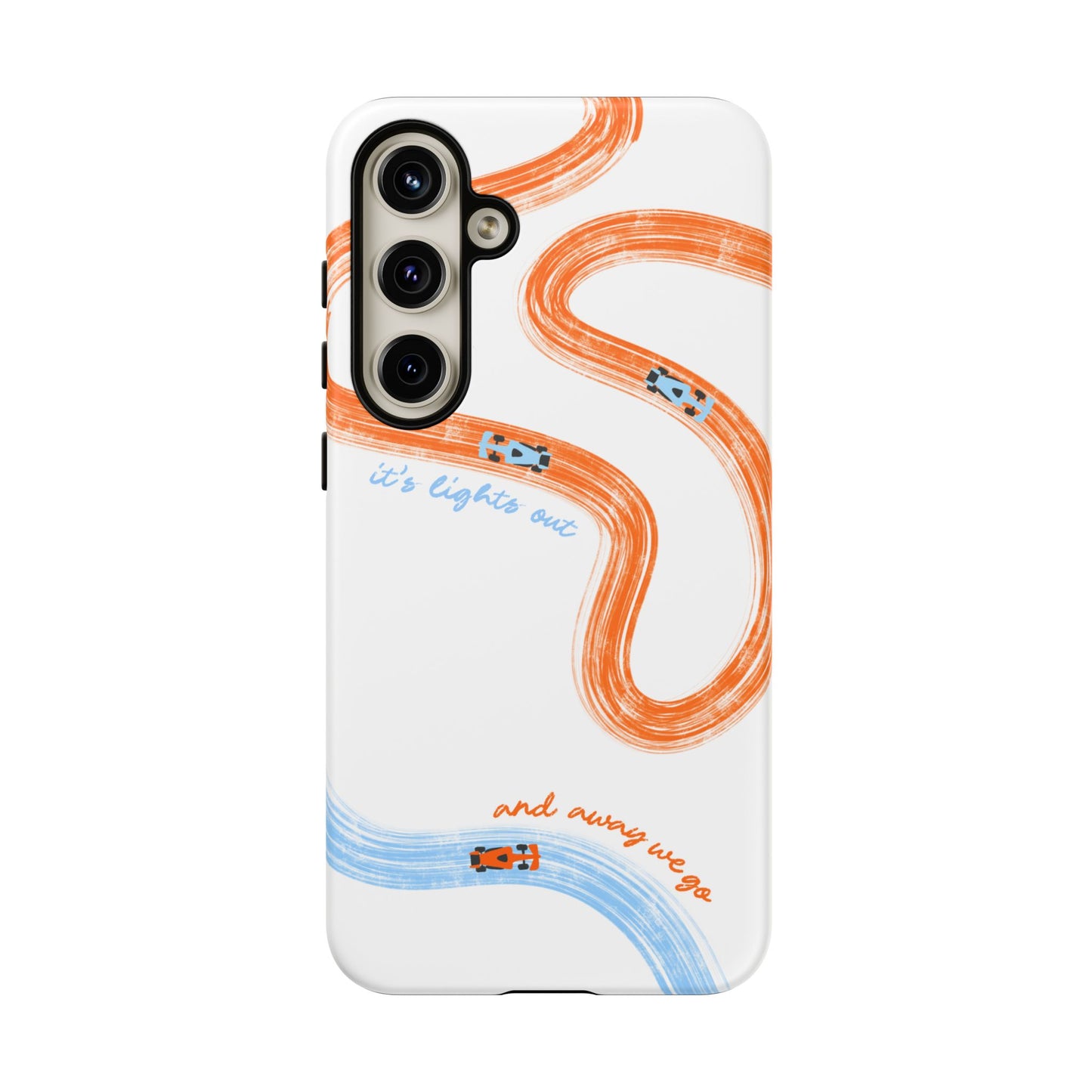McLaren F1 Phone Case Orange and Blue Painted "its lights out and away we go", Trendy F1 Gift, Formula 1 Gift, Cute F1 Phone Case