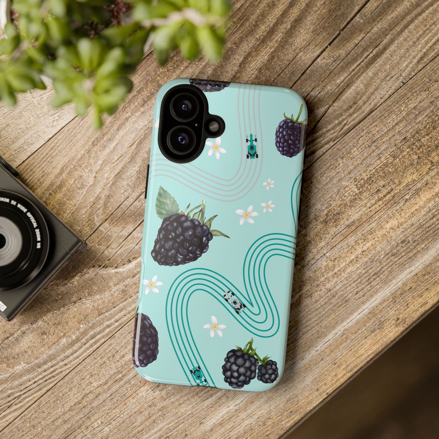Teal F1 Mercedes and Blackberries Phone Case , Trendy F1 Gift, Formula 1 Gift, Cute Fruit F1 Phone Case, Unique Phone Case