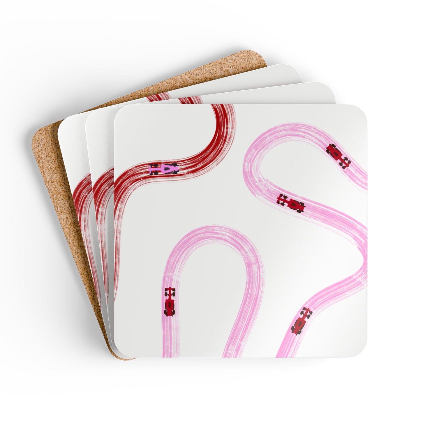 F1 Red and Pink Corkwood Coaster Set of 4 | Formula 1 Coaster Set