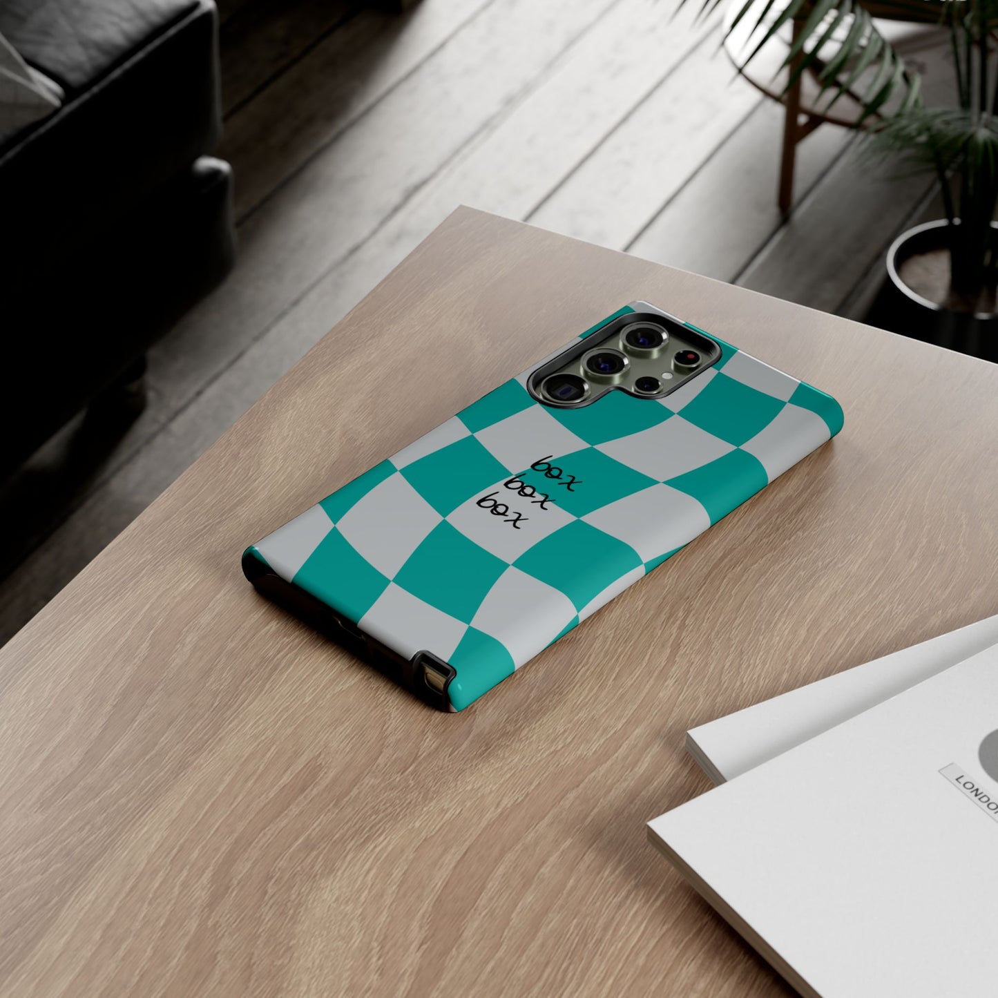 Mercedes Teal and Grey Checkered F1 Phone Case, Box Box Box F1 Phone Case