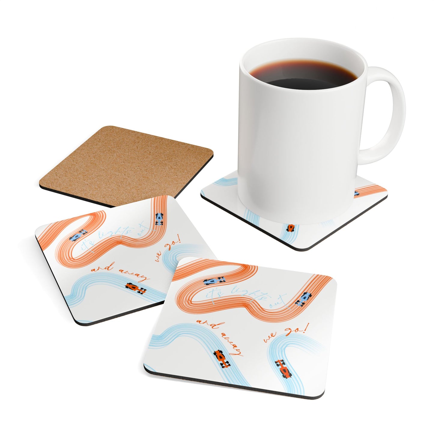 F1 McLaren Orange and Blue Corkwood Coaster Set of 4 | Formula 1 Coaster Set