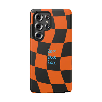 McLaren Orange and Black Checkered F1 Phone Case, Box Box Box F1 Phone Case