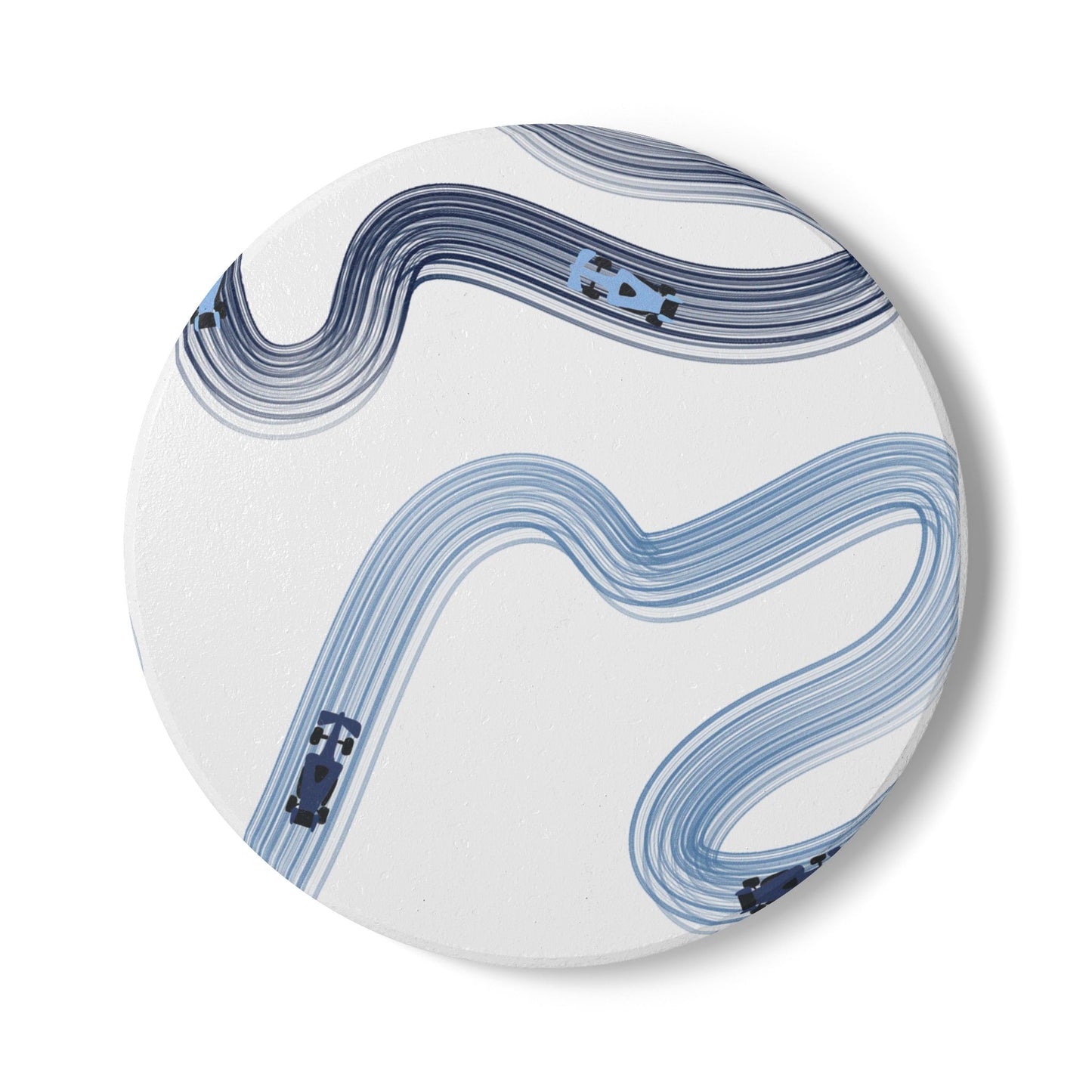Blue Racing Cars Track Illustration Ceramic Coaster | Curved Tracks with Tiny Cars