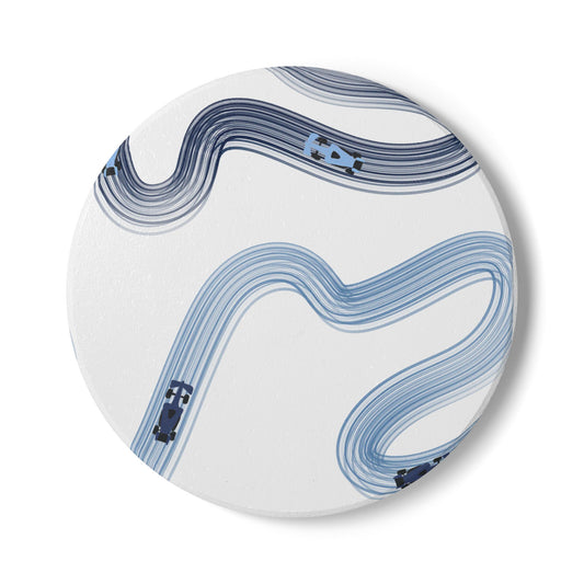 Blue Racing Cars Track Illustration Ceramic Coaster | Curved Tracks with Tiny Cars