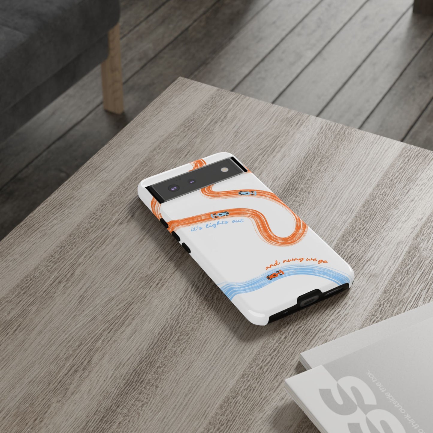 McLaren F1 Phone Case Orange and Blue Painted "its lights out and away we go", Trendy F1 Gift, Formula 1 Gift, Cute F1 Phone Case